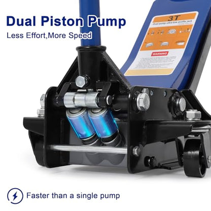 3 Ton Heavy Duty Low Profile Floor Jack, Dual Pump Hydraulic Jack with 3"-19.5" Lifting Range & Long Handle for Cars, Trucks, SUV, Garage Jack with Safety Lock, Blue