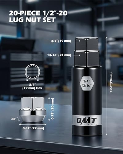 OMT 1/2"-20 Lug Nuts with Cone Seat, 20pcs Lug Nuts Set with 1 Socket Key - color: Silver, size: 1/2"-20, style: 20Pcs 0.78"Long