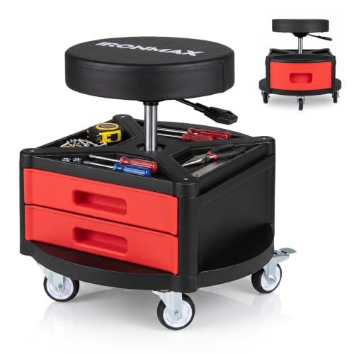 Goplus Rolling Mechanic Stool with Cushioned Seat, 3 Drawers - color: Red, size: Tool Chest