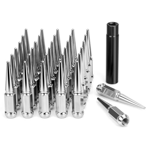 DYNOFIT 9/16-18 Wheel Spike Lug Nuts, 32x Chrome 9/16 inchx18 Lug Nut with 1 Socket Key, DYNOFIT 4.4'' Tall Closed End Lug Nuts for 1994-2011 Dodge Ram 1500 2500 3500/1988-1998 F250 F350 - color: Silver, size: 9/16"-18 32pcs