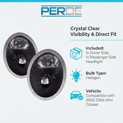PERDE Compatible with Mini Cooper Black Headlight Set Halogen Left Driver Right Passenger Pair