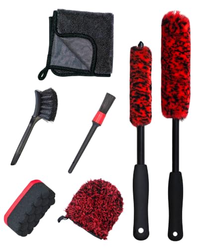 oesee 7PCS Car Wheel Rims Detail Cleaning PRO Wash Kit, Wheel Wash Mitt, Tire Brush, 2PCS Soft Wheels Brush, Detailing Brush, and Tire Dressing Pads, Microfiber Dry Towel Scratch-Free Cleaning - color: Red/Black, size: 7-Pack