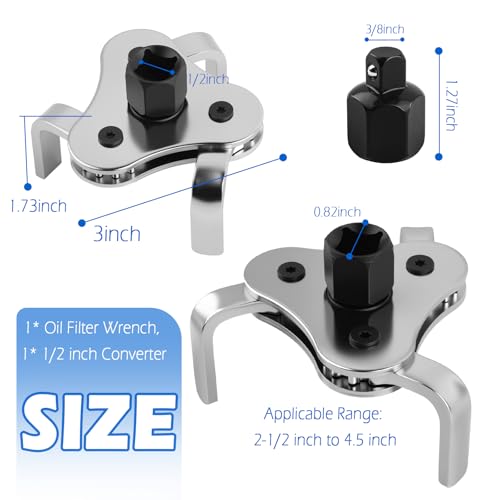 Bi-Adjustable Oil Filter Wrenches,3 Jaw Oil Filter Removal Tool for 2-1/2 to 4.5 Inch Diameter Filters,High Hardness Oils Filters Tool for Use with 1/2 & 3/8 Inch Wrenches