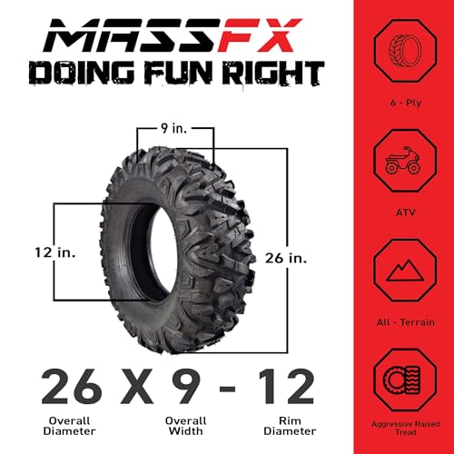 MASSFX 26x9-12 Front & 26x11-12 Rear ATV Tire Set 6-Ply 1/2" Tread 4-Pack