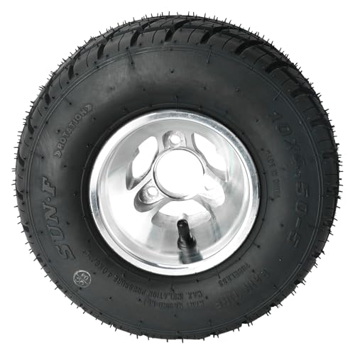 Front 10x4.50-5 Go Kart Wheels Racer Tire 10x4.50x5 and Wheel Hub 17mm 3 Stud Steering Spindles for Mini Bike ATV Quad Drift Trike Lawn Mower - size: 2 tires + front hub + steering spindle