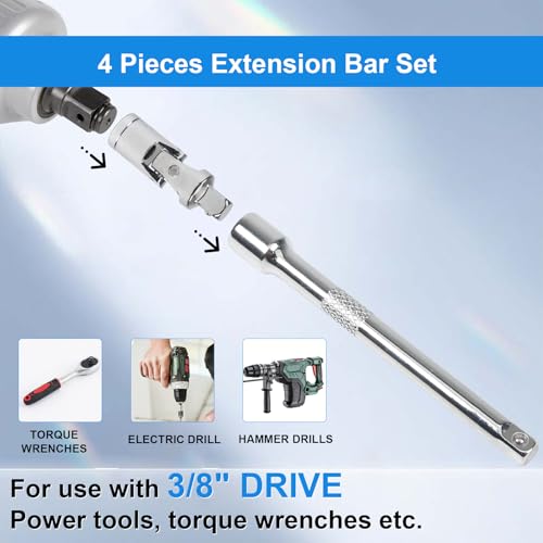 3/8 Inch Drive Socket Extension Bar Set, 4 Piece wrench extender - size: 3/8