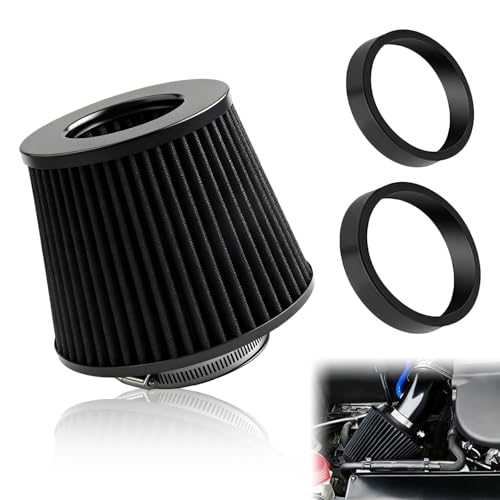 Universal Clamp-On Air Intake Filter, High Flow Closed-Top Cool Air Filter Cleaner, Tapered Cone Design, Washable & Reusable with 76 89 102 mm (3", 3.5", 4") Adapter Rings for Most Vehicles