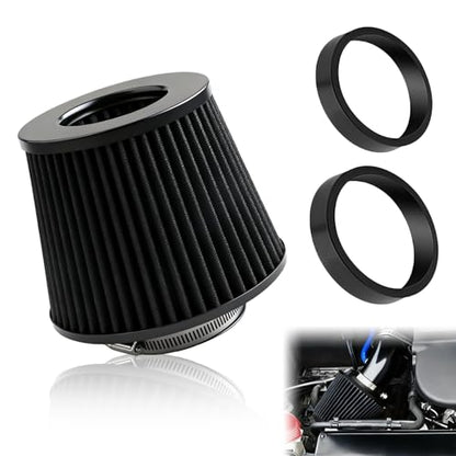 Universal Clamp-On Air Intake Filter, High Flow Closed-Top Cool Air Filter Cleaner, Tapered Cone Design, Washable & Reusable with 76 89 102 mm (3", 3.5", 4") Adapter Rings for Most Vehicles