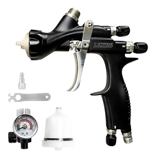 LUXUS 1.3 HVLP/LVMP Professional Spray Painting Gun with 600ml Plastic Cup, Air Regulator, Cleaning Kit, Big Atomization Pattern, Base Coat and Clear Coat Application (1.3 HVLP) - style: 1.3 HVLP