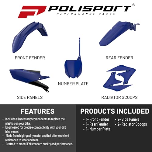 Polisport Motocross (MX) Replica Plastic Kit for Yamaha YZ 250F (2019-2023) Dirt Bike – OEM Quality, Durable, Flexible & Perfect Fit – Blue/Black - color: Dark Blue