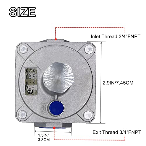 Natural Gas Pressure Regulator with 3/4" FNPT Thread, 1/2 PSIG Inlet Pressure and 4"-10" WC Outlet for Grill, Stove Range Pipe Lines
