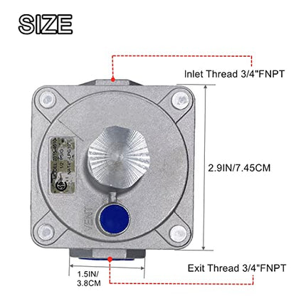 Natural Gas Pressure Regulator with 3/4" FNPT Thread, 1/2 PSIG Inlet Pressure and 4"-10" WC Outlet for Grill, Stove Range Pipe Lines
