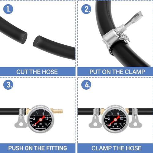 MEASUREMAN Fuel Pressure Gauge Kit 0-15Psi Stainless Steel Glycerin Filled, 1-1/2" Black Dial Size, with 5/16" Fuel Line Fuel Pressure Brass T-Fitting Adapter, Center Back Mount - size: 0-15 psi, style: Back Mount T-Fitting Adapter (Black Dial)