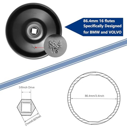 86.4mm 16 Flutes Oil Filter Wrench for BMW and Volvo with 86mm Filter Housing Caps, Removal Tool to Change Oil, Steel Socket Wrench Kit