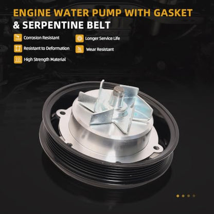 Engine Water Pump with Gasket + V-Ribbed Serpentine Belt