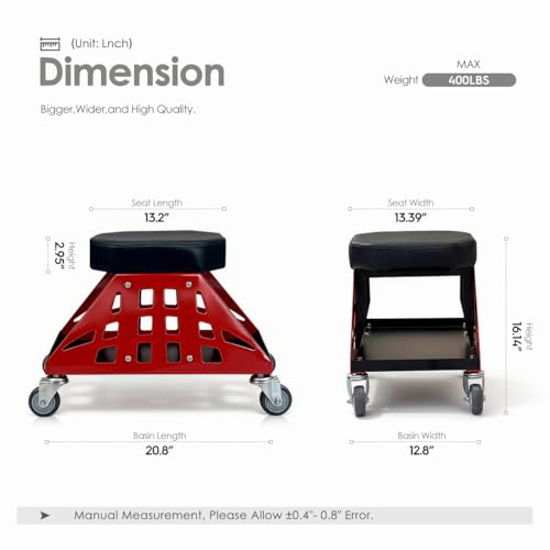 Mechanic Stool 400 LBS Capacity Garage Stool Gift for Men, Heavy Duty Rolling Mechanics Seat, Tools for Automotive Auto Repair (Red) - color: Red