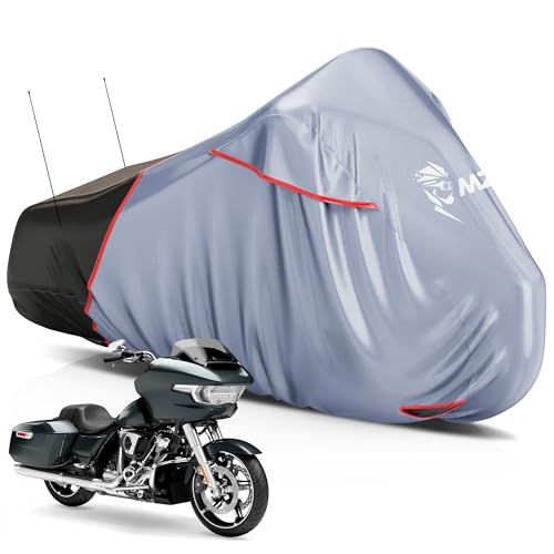 MZS Motorcycle Cover Waterproof Outdoor, Heavy Duty All Season Weather Sun Protection with Storage Bag Vents Night Reflective Cotton Lining Lock Holes fits up to 104" Motorcycles Vehicle Covers