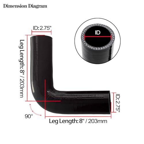 ID 2.75 inch 90 Degree Silicone Elbow Coupler Hose 8" Leg Length - size: ID: 2.75"