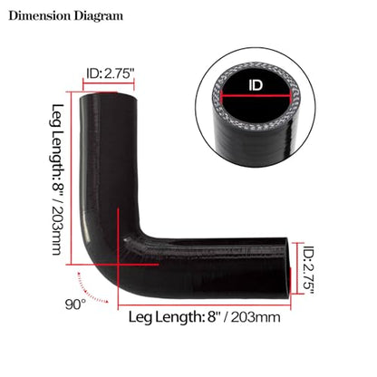 ID 2.75 inch 90 Degree Silicone Elbow Coupler Hose 8" Leg Length - size: ID: 2.75"