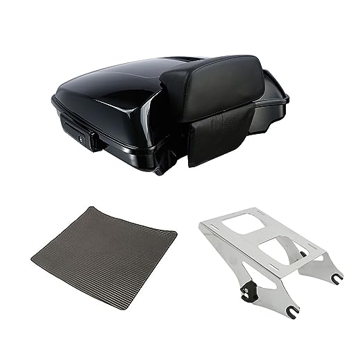 TCT-MOTORPARTS 5.5" Razor Motorcycle Trunk Luggage w/Backrest Mount Rack for Harley Touring 2014-2025 Road King Glide Street Electra Glide - color: Gloss Black Razor Trunk+Chrome Rack #1