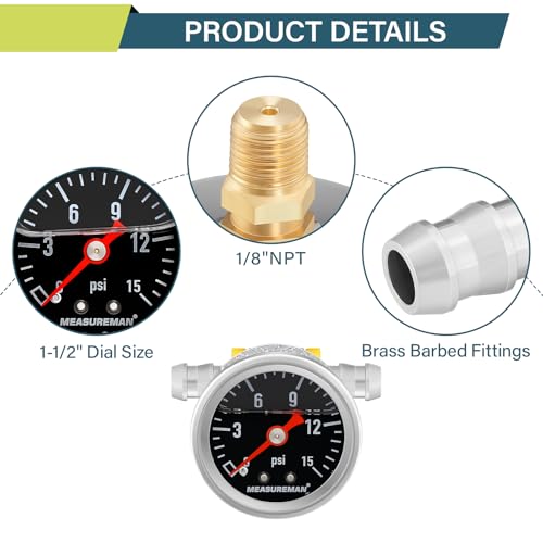 MEASUREMAN 0-15 Psi Glycerin Filled Fuel Pressure Gauge, 1.5” Dial, 304 Stainless Steel Case, 1/8” NPT Center Back Mount, with 3/8” Fuel Line Adapter, Copper Tube & Fittings, Red Aluminum Pointer - size: 0-15 psi, style: Back Mount (7 Pieces Kit Black)