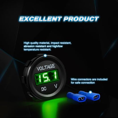 Nilight LED Digital Display Voltmeter Panel 12VDC Waterproof Digital Round Panel Volt Tester Gauge for Boat Marine Vehicle Motorcycle Truck ATV UTV - color: Green