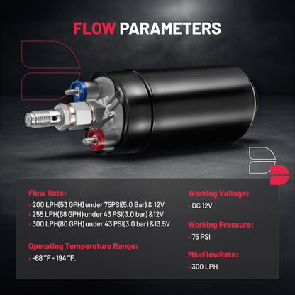 BDFHYK External Inline Fuel Pump Electric 300LPH High Flow 12V Aluminum Fuel Pump, 6AN / 10AN Universal for Gas/Diesel / E85