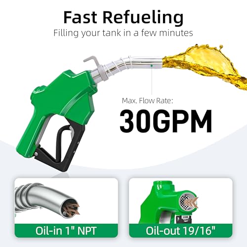 1'' NPT Automatic Diesel Fuel Nozzle with Fuel Hose 360 degree Swivel &Hook - color: 1pack green, size: 1'' NPT