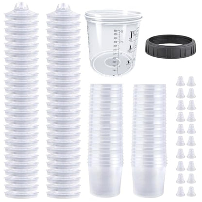 Disposable Paint Spray Gun Cup System for HVLP Paint Spray Paint Gun, Standard 20 Ounce (600ml) Kit with 50 Cups and Lids, 1 Hard Paint Mixing Cup with Retainer Ring and 20 Plugs. - color: Dis-600m1-50pcs