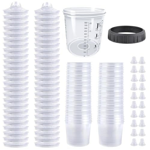 Disposable Paint Spray Gun Cup System for HVLP Paint Spray Paint Gun, Standard 20 Ounce (600ml) Kit with 50 Cups and Lids, 1 Hard Paint Mixing Cup with Retainer Ring and 20 Plugs. - color: Dis-600m1-50pcs