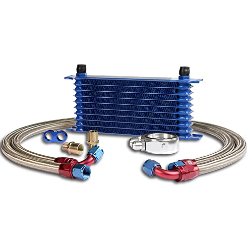 PIT66 Universal AN10 Engine Transmission Oil Cooler Compatible with Japanese Model Blue 10 Row Aluminum with Filter Relocation Kit B Set - color: Blue, size: 10 Row Japanese Model-B Set