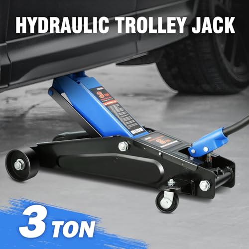 DNA Motoring 3 Ton Low Profile Floor Jack, 3 tons (6000 lbs) Capacity Fast Lift Hydraulic Trolley Service/Floor Jack, 7.7 "-21" Lifting Range, Blue, TOOLS-00674-BL - color: Blue, style: 3 ton