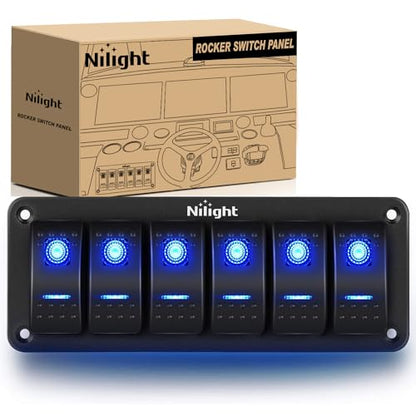 Nilight-90111F 6 Gang Aluminum Rocker Switch Panel Toggle Dash 5 Pin ON/Off Pre-Wired Rocker Switch Blue Backlit Switch for Automotive Car Marine Boat RV,2 Years Warranty - color: Blue, size: 6 Gang