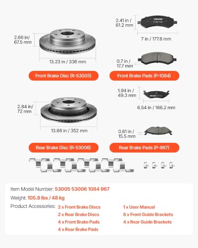 VEVOR Front & Rear Brake Kit Ceramic Brake Pads & Hollow Brake Rotors Kit - size: R-53005 + R-53006