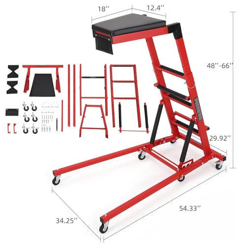 TrailBlaze Topside Automotive Engine Creeper – 400 lbs Capacity – Adjustable Height 48"-66" – Collapsible Heavy Duty Over-Engine with 6 Swivel Casters, Thick Cushion, Tool Pouch – Red Shelf + Black - color: Red+black