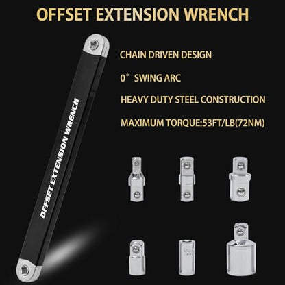 Offset Extension Wrench, Ratchet Extension Bar with 1/2", 1/4" and 3/8" Square Drive Adapters, Impact Wrench Extender for Access to Confined Fastener, Ratchet Extenders Tool with 3 Adapters Socket - color: Black