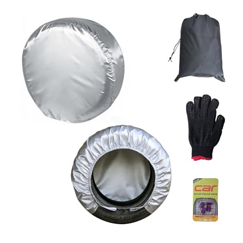 4-Pack RV Tire Covers, Waterproof & UV Resistant Wheel Covers with Windproof Hooks for Trailer, Camper, Truck, SUV & More - Fits Tire‘s Total Diameter 27’’- 29’’/73cm - (Silver-S) - size: S-Total Tire Diameter: 27"-29", style: Silver