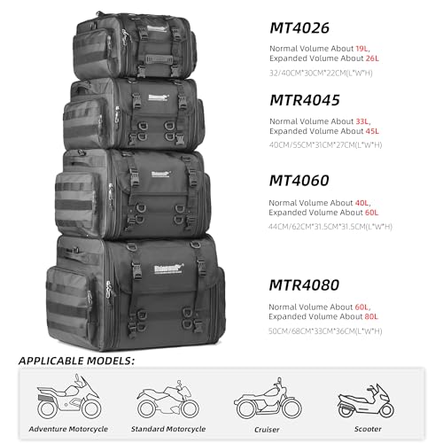 Rhinowalk Motorcycle Tail Bag Expandable Motorcycle Travel Luggage 80L Waterproof All Weather/Trunk/Rack Bag with Sissy Bar Straps-Black - size: Black 60-80L