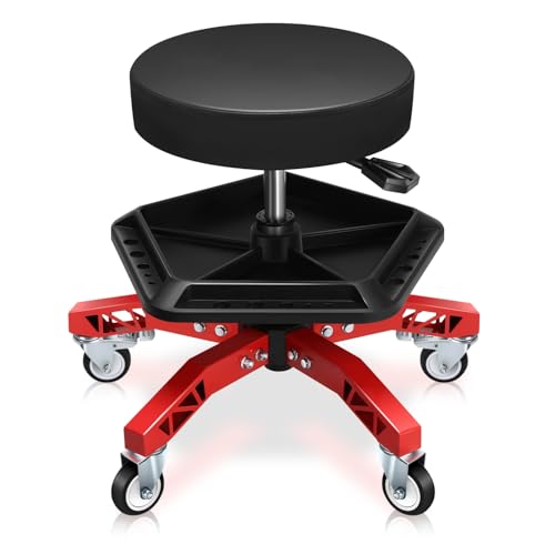 Auto Dynasty Rolling Mechanic Stool, Height Adjustable w/Tool Tray, Red - color: Red (w/Tool Storage Tray)