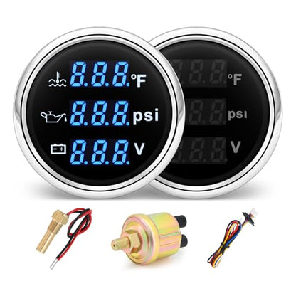 MH Triple Gauge Set - Water Temp (104°F-248°F), Oil Pressure (0-145PSI), Voltmeter (9-32V), Blue Backlight AUTO Gauge with Sensors 2" 52mm 3-in-1 Boat Marine Meter Kit (Black and Silver) - color: Black and Silver