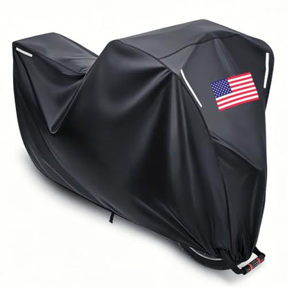 PBYMT Motorcycle Cover Waterproof Outdoor, All Season Protection with Night Reflective Strips Lock Holes and American Flag, Fits up to 104"