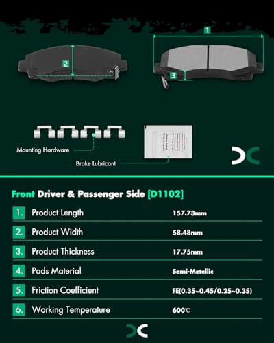 SCITOO Disc Brake Pads Sets Semi-Metal 8pcs For Honda For Ridgeline 2006-11 - size: Front D1102 & Rear D1103