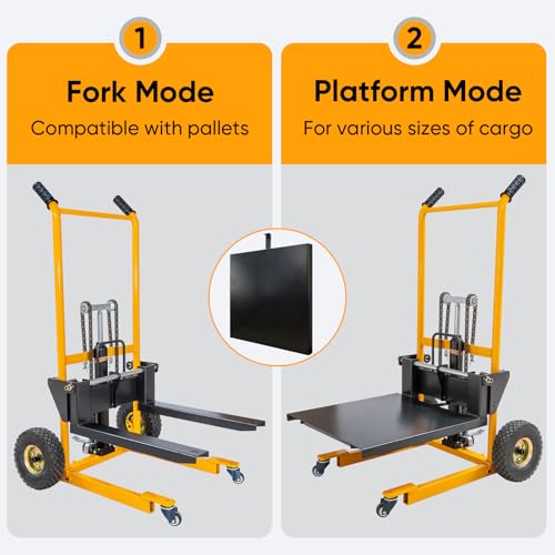 MMS Foldable Hydraulic Material Lift Winch Stacker, 450 Lbs 35.8" Max Lift w/ 9" Wheels 360° Swivel Casters, Pallet Truck Dolly, Fork Lift Table Cart, Pallet Jack, Removable Platform, Adjustable Forks