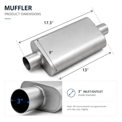 Universal 3" ID Center/Center Dual Chamber Muffler - Aggressive Deep Sound, Silver Aluminized Steel, Welded/Clamp-On (17" Total Length) - color: Silver, size: 3 Inch