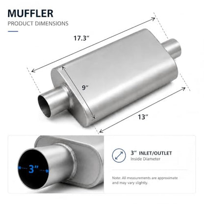 Universal 3" ID Center/Center Dual Chamber Muffler - Aggressive Deep Sound, Silver Aluminized Steel, Welded/Clamp-On (17" Total Length) - color: Silver, size: 3 Inch