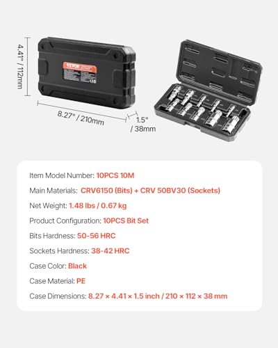 VEVOR XZN Triple Square Spline Bit Socket Set, 10-Piece M4 - M18, Premium Cr-V Steel, 1/4 in, 3/8 in, and 1/2 in Drives, with Enhanced Storage Case, Triple Square Socket Set for Hand Use, Automotive - size: 10 PCS