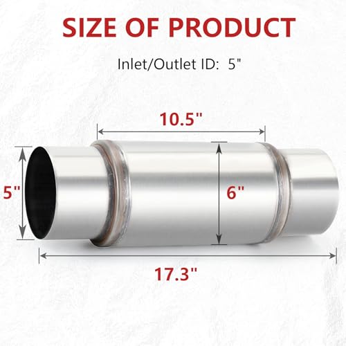 LCGP 5" Inlet Diesel Exhaust Muffler, 5" Inlet & Outlet, 5" x 10.5" Body 17.3" Whole Length Universal Resonator, Straight Through Design, Stainless Steel Mufflers Resonator - color: 1 PC, size: 5" Inlet 17.3" Overall Length(6" wide)