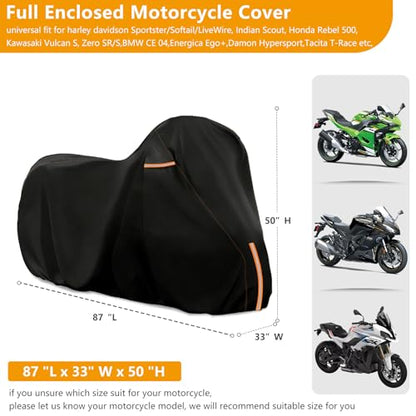 Full Enclosed Motorcycle Cover with Reflective Strips,87" W x 33" D x 50" H - size: 87"W x 33"D x 50"H
