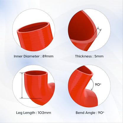 Endure 90 Degree Silicone Elbow Intake Hose 4-Ply, 3.5"(89mm) - Red - color: Red, size: ID - 3.5Inch(89mm)