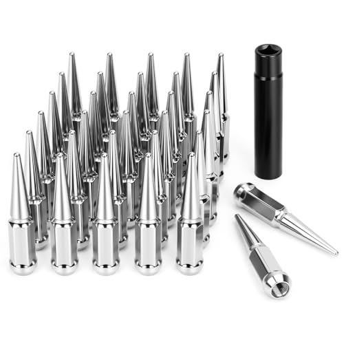 DYNOFIT 14mmx1.5 Spike Lug Nuts, 32PCS Chrome M14x1.5 Lug Nut, 4.4 inch Tall Closed End Nuts with 1 Socket Key Compatible with 1999-2026 Chevy Silverado 1500 GMC Sierra 2500HD,2003-2026 F250 F350 - color: Silver, size: M14x1.5 32 pcs